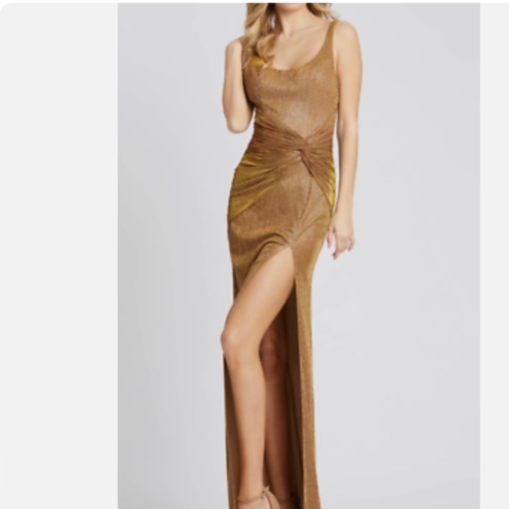 IEENA BY MAC DUGGAL Sz12 SLEEVELESS KNOT WAIST HIGH SLIT SHIMMER GOWN GOLD